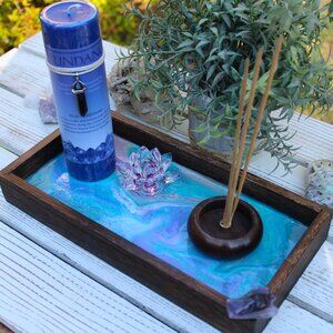 Candle Holder, Incense Holder W/Abundance Candle and Blue Goldstone, Amethyst